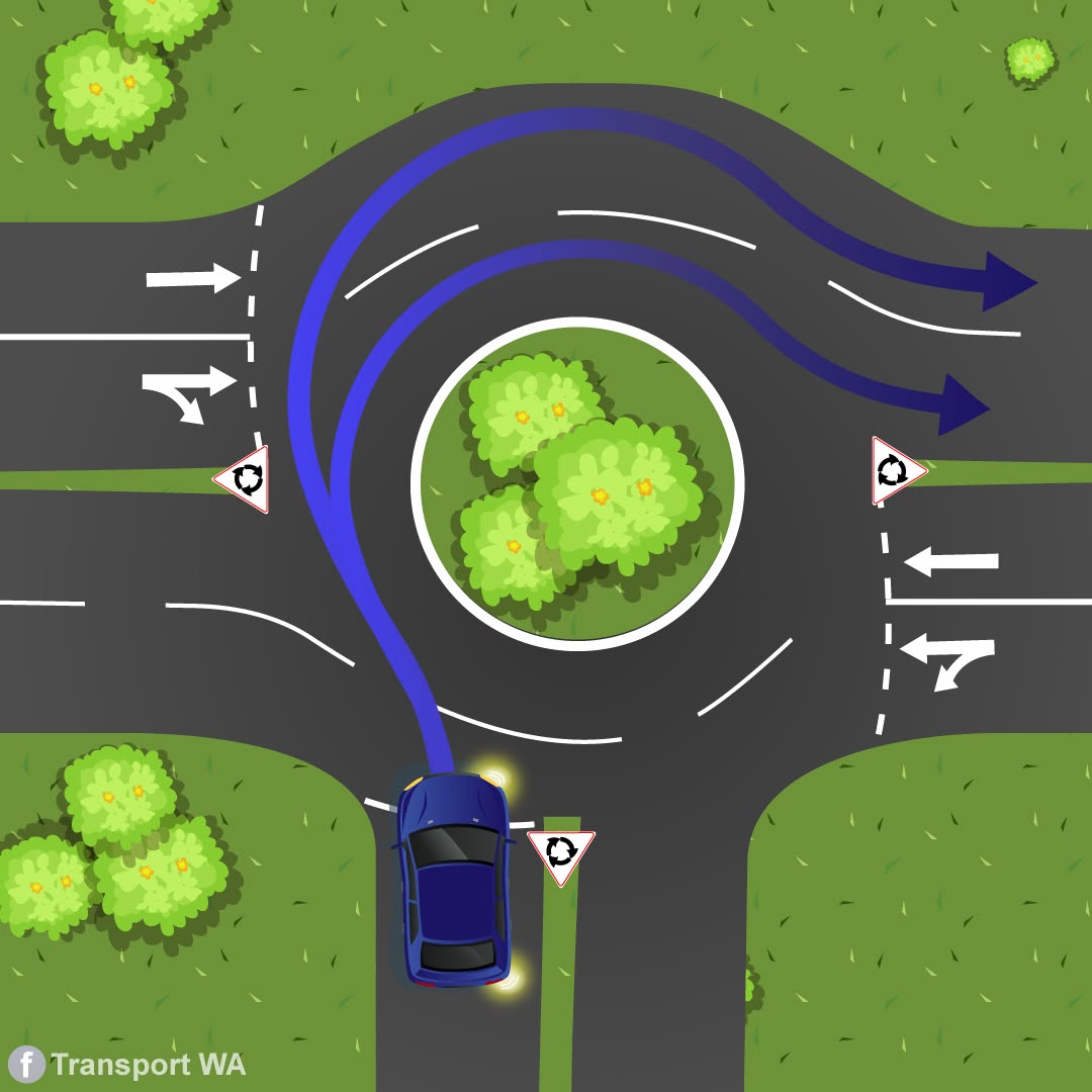 Roundabout rules WA — car turning right from single lane road into either lane