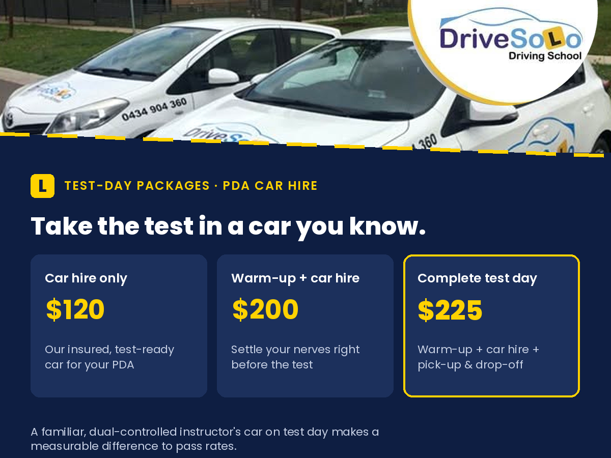 Car hire for driving test Perth – Drive Solo test-day packages from $120, warm-up lesson plus dual-controlled test car hire $200, complete test day with pick-up $225
