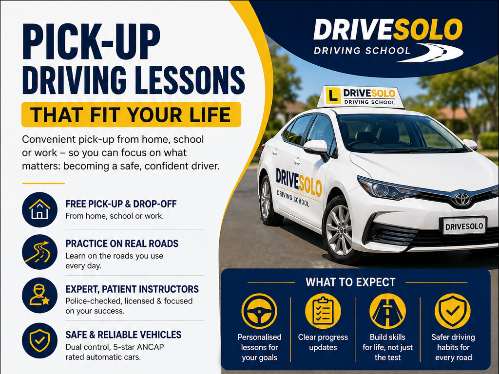 DriveSolo Driving School Perth infographic showing convenient pick-up, expert instruction, structured progress, safety-first dual control vehicles, and PDA test preparation.