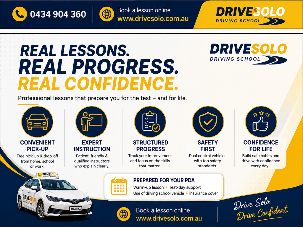 DriveSolo Driving School Toyota Corolla with L-plate roof sign, showing free pick-up driving lessons from home, school or work with police-checked instructors in Perth.