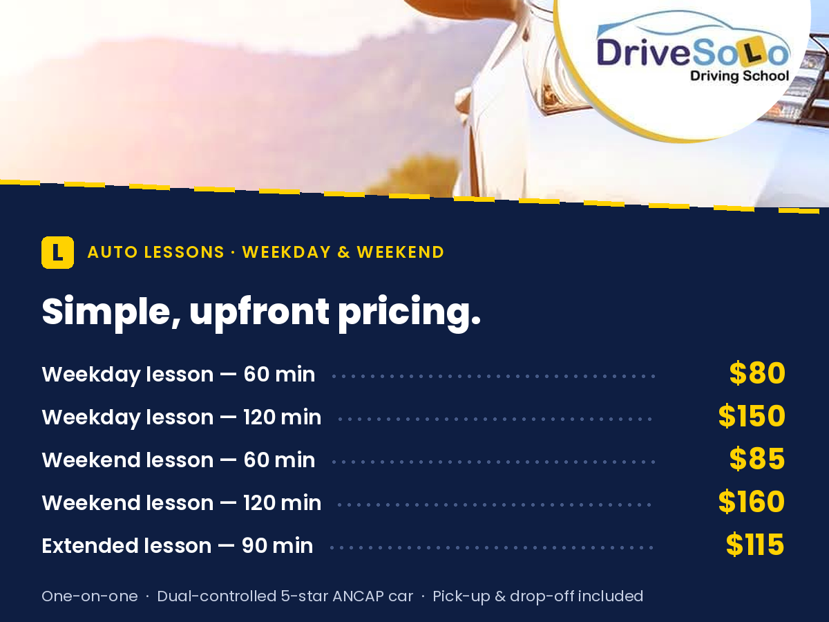 Driving lesson prices Perth – weekday auto lessons from $80, weekend lessons from $85, 90 and 120 minute sessions with pick-up and drop-off included