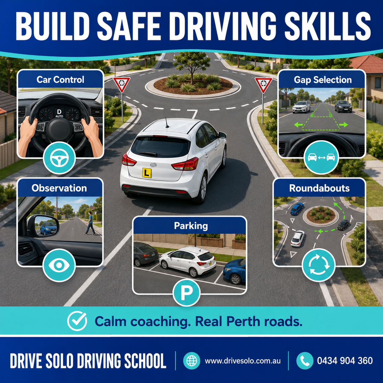 Driving instructor skills guide covering car control, observation, gap selection, roundabouts and parking for learner drivers in Perth