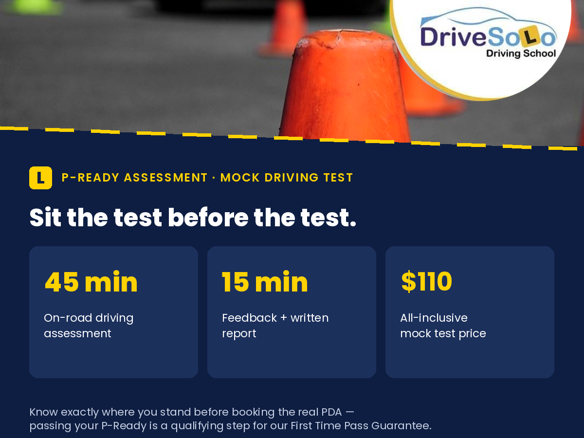 P-Ready mock driving test Perth – $110 practice PDA with 45-minute on-road assessment, 15 minutes of feedback and a written report from Drive Solo Driving School