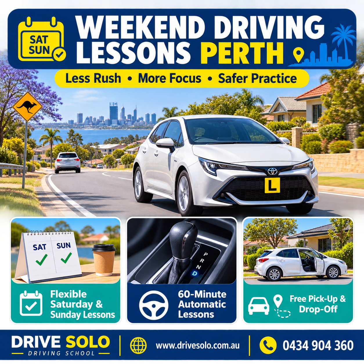 Weekend driving lessons in Perth with Drive Solo Driving School — flexible Saturday and Sunday bookings, 60-minute automatic lessons, free pick-up and drop-off.