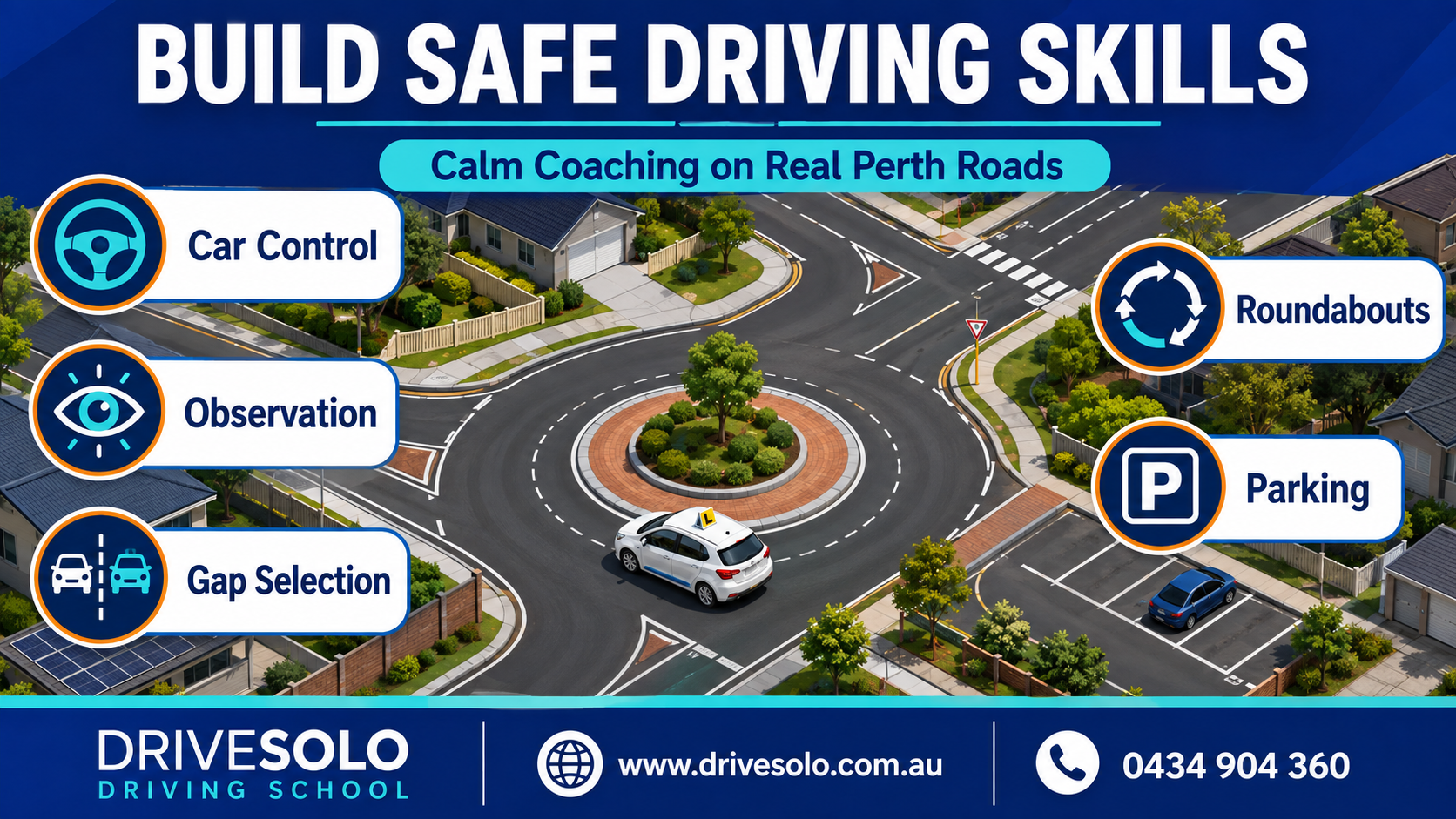 Driving instructor coaching a learner driver through a roundabout on real Perth roads, covering car control, observation, gap selection and parking.