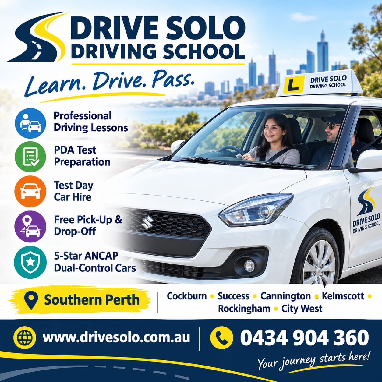 Drive Solo Driving School instructor and learner driver in a dual-control car, serving Cockburn, Success, Rockingham and Southern Perth