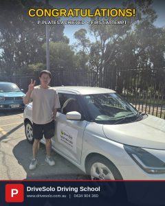 Learner driver celebrating first-attempt P-plates success after automatic driving lessons with DriveSolo Driving School, servicing Perth, Rockingham and Mandurah