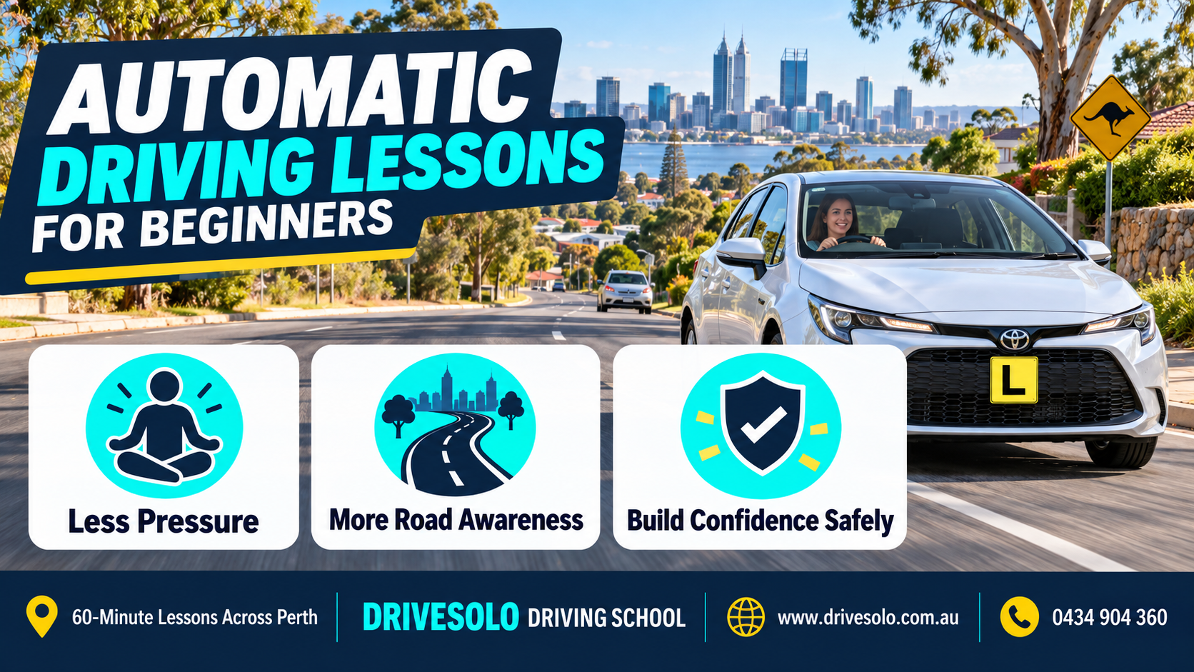 Learner driver's hands on steering wheel with Perth skyline view, showing four tips to get more from a weekend driving lesson: share goals, practise between lessons, review feedback, stay calm.