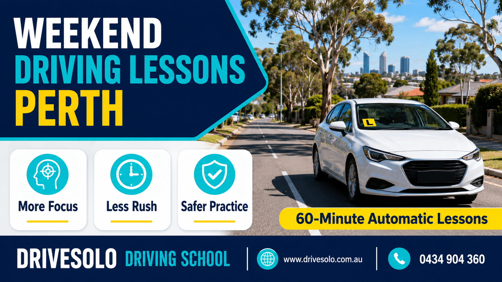 Weekend driving lessons in Perth WA – 60-minute automatic lessons with more focus, less rush and safer practice.